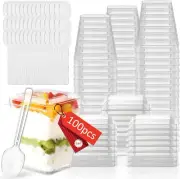100 X 150Ml Dessert Cups with Lids & Spoons, Mini Clear Plastic Cups, Small Reus