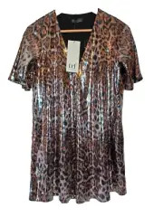 NEW Zara Sequin Top Size 8 Brown Leopard Print Short Sleeve V-Neck Party Evening