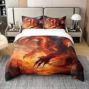 Dragon Bed Linen Set for Girls Boys Children, Fire Print Psychedelic 100% Cotton Duvet Cover, 155 x 220 cm, Trippy Room Decor, Wild Animal Comforter Cover, Mysterious Gothic Dragon Duvet Cover