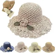 [Zrfjfgksw] Elegant Crochet Straw Hat, with -Ruffle Detail Womens Summer Beach Straw Cap Foldable UV Protection Hand-Woven Sun Hat