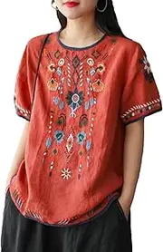 [SeekMe] Women's Embroidered Blouse Cotton Linen Short Sleeve Peasant Boho Mexican Tunic Top Casual T Shirt