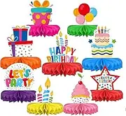 Birthday Party Honeycomb Table Decorations Set, 9 Pieces, Colourful Paper Centrepieces with Cake, Balloons, Gift Box Designs