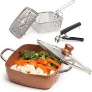 5 Pc Copper Chef Cookware Set 9.5” Non Stick Deep Frying Pan Fry Basket Aluminum