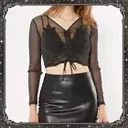 Cropped Sparkle Blouse Top Sheer Glitter Shimmer Ruched Cinched Crop Tie String