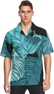 [GuoChe] Hawaiian Button Down Shirts Short Sleeve Blue Monstera Leaf Palm Tropical Pattern Print Camisa de Vestir para Hombre