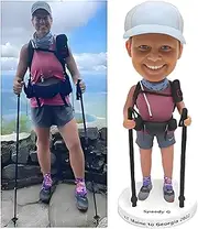 Custom Hiking Bobblehead, Personalized Hiker Sports Figure with Trekking Poles, Handmade Lady Sculpture Home Decoration, Based on Your Photo