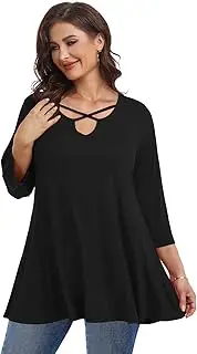 [LARACE] Plus Size Tops for Women V Neck 3/4 Sleeve Tunic Criss Cross Dress Shirts Casual Fall Blouse for Leggings