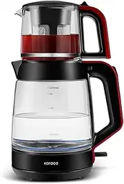 Karaca Turkish Tea Maker, Electric Kettle with Temperature Control 2.2 L & Glass Teapot with Infuser 0.9 L, Multifunctional Tea Maker 1900 W, Red