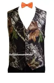 NEW Mens Mossy Oak Camo Tuxedo Vest Blaze Bow Tie Hankie Camouflage REAL POCKETS