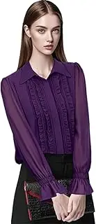 [Generic] Women Ruffles Chiffon Blouse 2025 Spring Summer Tops Long Sleeve Lapel Collar Loose Casual Vintage Shirts