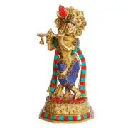 Brass Krishna Bhagwan Idol Murli Kishan Standing Playing Flute on Round Base