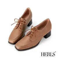 在飛比找momo購物網優惠-【HERLS】牛津鞋-全真皮拼接造型方頭粗跟德比鞋(可可色)