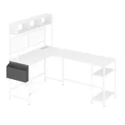 Advwin 170cm L Shaped Gaming Desk with LED Lights & Power Outlets Reversible Storage Shelf Computer Corner Desk White