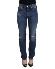 Dolce & Gabbana Distressed Denim Jeans Red Black Plaid Women Blue Pants
