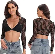 [Buliezy] Women's Crop Top Transparent Top Mesh Crop Top Tops Mesh Shirt Women Lace Sleeves Summer Deep V-Neck Open Front Elastic Sexy Lace Lining