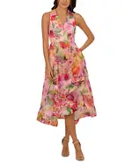 Adrianna Papell Collared Floral Printed High Low Dress