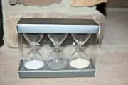 NEW 3 MINIATURE HOURGLASS BLACK SAND, WHITE SAND AND TAN SAND TIMER IS 5 MINUTE