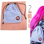NEW $380 MIU MIU CLUB LOGO PATCH Blue White Gingham Drawstring Small POUCH BAG
