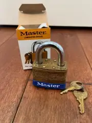Vintage No 6 Master Lock Padlock Laminated Brass 1-1/2" Shackle, 2" case, NOS