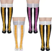[Sucrain] 4 Pair Chicken Leg Socks Crazy chicken feet socks Novelty Funny Turkey Socks Halloween Thanksgiving Over Knee Socks, Black, One size