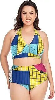 [Caihoyu] Plus Size Bikini for Ladies Tummy Control Bathing Suits High Waisted Bikini Swimwear Illustration Bright L