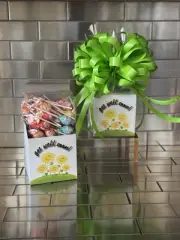 Get Well Soon Gift Box-Basket & 1/2 LB Charms Lollipops Candy Wrap & Green Bow
