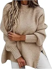 [Valtorixia] Women Oversized Cable Knit Crew Neck Sweater Jumper Sweater Side Split Pullover Knit Tops Long Sleeved Pullover