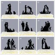 Family Wedding Cake Topper Acrylic Bride and Groom Silhouette with Dogs Cats