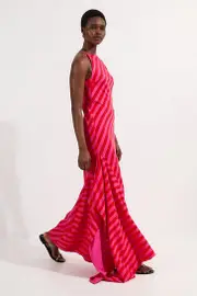 Fluid Stripe Cotton Mix Woven Midi Halter Dress