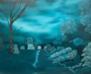 Turquoise Moonlight Monochromatic Original Landscape Oil Painting 16" x 20"