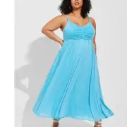 Torrid Plus Size 3 Soft Mesh Pleated Light Sky Blue Sun Maxi Dress V-Neck 3X