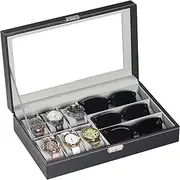 AUTOARK Leather 6 Watch and 3 Eyeglasses&Sunglasses Box with Jewelry Display Case Organizer,Mens Women Storage Holder Boxes,Glass Top,Black,AW-004