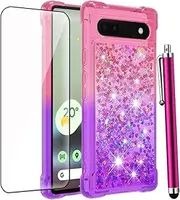 CAIYUNL for Pixel 6a Case, Google Pixel 6a Case with Tempered Glass Screen Protector, Women Girls Glitter Bling Sparkle Liquid Floating Cute Shockproof TPU Phone Cover for Google Pixel 6a-Purple Pink