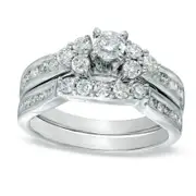 0.88 CT. T.W. Natural Diamond Bridal Engagement Ring Set in Solid 14K White Gold
