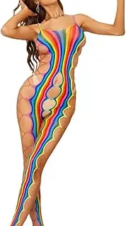 [KFLY] Women's Fairy Lingerie Bodystocking Fishnet Rainbow Bodysuits Babydoll Hollow See Through Mesh Tights Underwear Colorful Long Sleeve Nightwear Bikini Covers Up for Festival Party Outfits