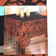 Halloween Spider Web Fabric Tablecloth 52x70 Black Lace Overlay Fringe Edge