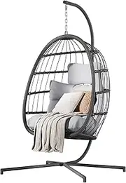 HWB Hanging Egg Chair with Stand, Patio Wicker Egg Swing Chair with Cushion for Bedroom Garden Indoor Outdoor (Grey)
