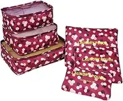 [Go2buy Australia] Go2buy 6pcs Travel Luggage Organizer Set Backpack Storage Pouches Suitcase Packing Bags (Wine Red Flower)