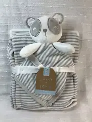 Panda Bear Baby Blanket Security Lovey Buddy Plush Toy Gray White Stripes Unisex