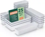 25 PCS White Plastic Drawer Organizers Set, 4 Sizes White Drawer Organizers & St