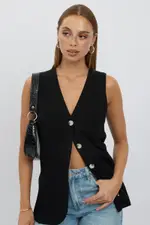 Black Linen Vest Longline V Neck - Size 12M, Women's Jacket