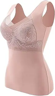 [Generic] Thermal Top and Bottom Set Sleeveless Thermal Shirts for Women with Non Detachable Built in Bra V Neck Vest Fleece Lined Underwear Thermal Tank Tops Lace Underwear Warm Thermal Underwear for Women