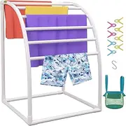 VEVOR Pool Towel Rack, 7 Bar, White, Freestanding Outdoor PVC Curved Poolside Storage Organizer, Include 8 Towel Clips, Mesh Bag, Hook, Also Stores Floats and Paddles, for Beach, Swimming Pool, Home