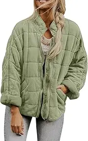 [EdNey] Women's Stand Collar Quilted Zip Puffer Winter Jackets Baggy Short Padded Packable Warm Outwear with Pockets, Green, Small