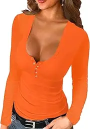 [Afibi] Women Long Sleeve Tops Scoop Neck Low Cut Slim Fitted Henley Shirt Ribbed Basic Tee Shirts Tops