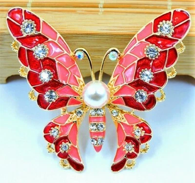 Delightful BUTTERFLY Enamel CANDY Red Pink PEARL Rhinestone Enamel Brooch