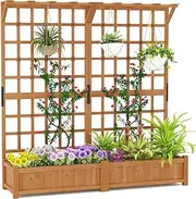 Costway 183 CM Tall Large Raised Garden Bed w/Lattice Trellis, Hanging Roof, Drainage Holes, Elevated Wooden Planter Box for Vine Climbing Plant Flower Herb Vegetable, Indoor Outdoor Patio Balcony