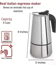 9 CUP ESPRESSO COFFEE MAKER POT STAINLESS STEEL MOCHA PERCOLATOR GAS GLASS STOVE