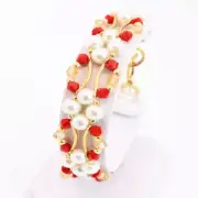 Red Jade and Gold Crystal and Pearl Hex Block Link Bracelet