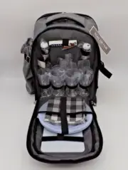 Picnic Backpack set for 4 with Blanket (Gray) Wine Picnic Basket Bag Travel
